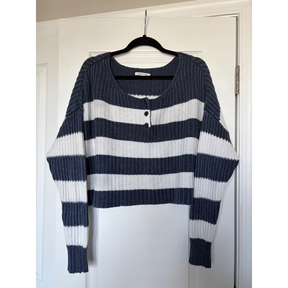 American Eagle Striped Henley Crop Sweater Navy Blue White Slouchy Small